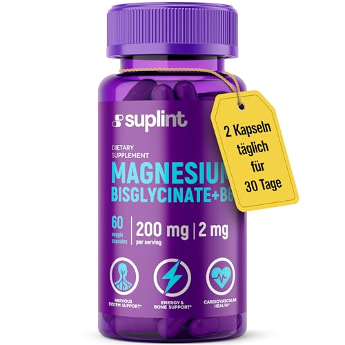 magnesium bisglycinate 200mg mit vitamin b6, hochdosiert, vegan, 60 kapseln