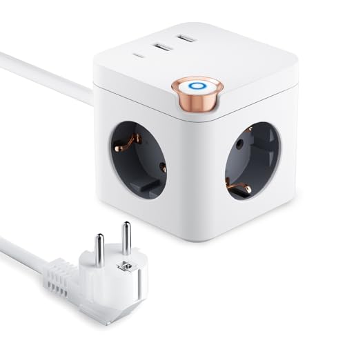 steckdosenwürfel mit usb c, 6 in 1 mehrfachsteckdose, 3 fach stecker mit schalter, weiß