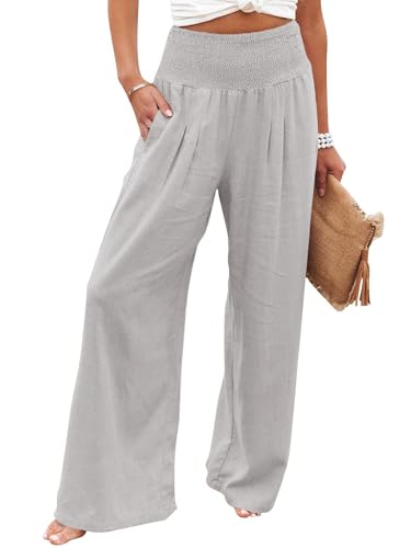 imuedaen leinenhose damen grau hohe taille palazzo weites bein mit taschen sommerhosen