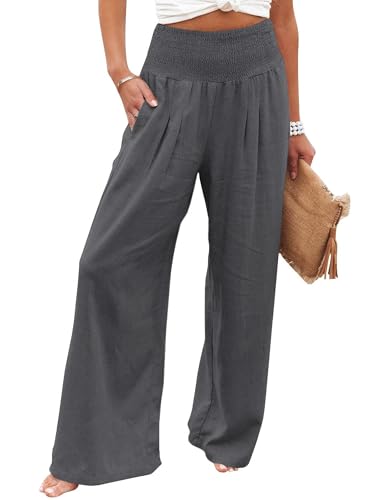 imuedaen leinenhose damen sommer leicht hosen palazzo hohe taille mit taschen dunkelgrau L