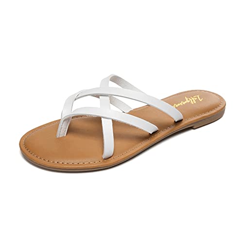 HEVA Damen flache Sandalen mit elastischen Riemen, offene Zehe, Casual, Weiß