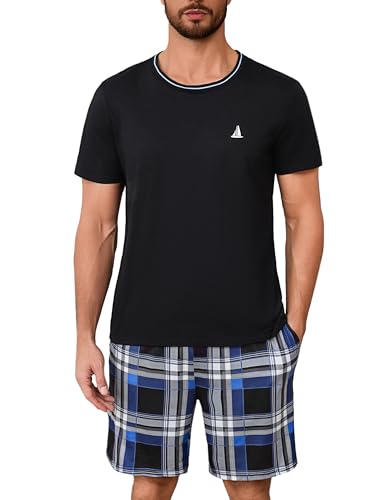 herren pyjama schwarz kurz schlafanzug mit karomuster, jahetuul, größe xl