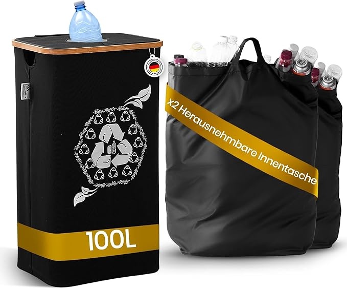 Produktbild: Wohnefy 100L Pfandflaschen Sammelbehälter Schwarz mit Einwurf & 2 Tragetaschen