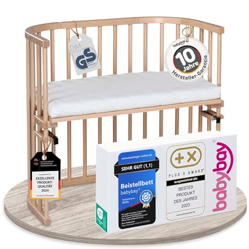 babybay original beistellbett buche massiv, höhenverstellbar, umweltfreundlich, inkl. matratze