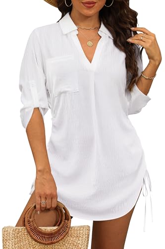 damen strandkleid strandponcho bikini cover up stylsense leicht bluse mit tunnelzug weiß S