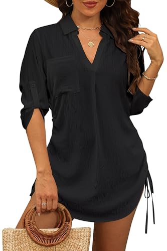 stylsense damen strandkleid bikini cover up strandponcho bluse mit tunnelzug schwarz M