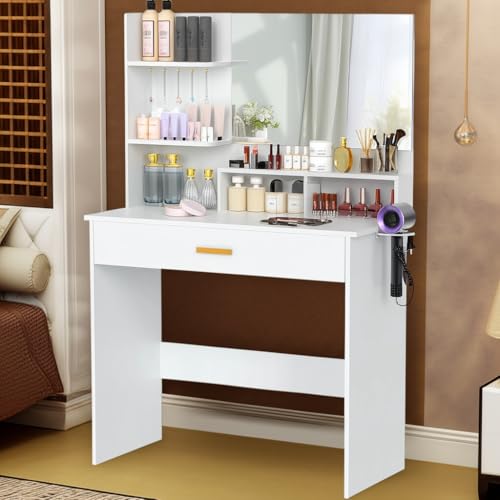 Produktbild: amhancible led schminktisch mit spiegel 90x40x135cm frisiertisch mit schublade