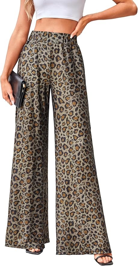 VOGMATE Damen Sommerhose High Waist Leopardenmuster Weit Beinig Chiffon