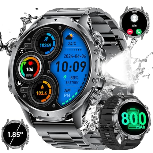 smartwatch herren militär 1.85 zoll hd display 800 mah akku wasserdicht sportuhr
