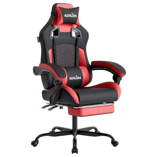 SUKIDA Ergonomischer Gaming-Stuhl mit Fußstütze, höhenverstellbar, rot