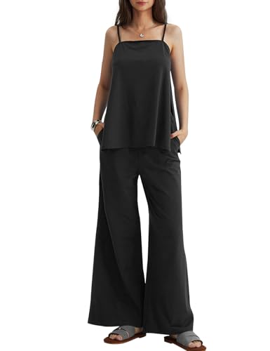 cherfly damen jumpsuit outfit ärmellos tanktop weite beinhose mit taschen schwarz S
