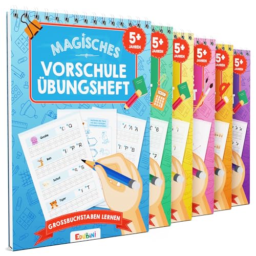 edubini vorschule übungshefte ab 5 jahren für kinder, 6er set wiederverwendbar