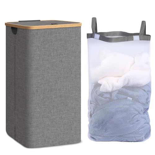Produktbild: Wäschekorb AIKVIGSS 100L mit Deckel, schmal und faltbar, waschbarer Innensack, grau