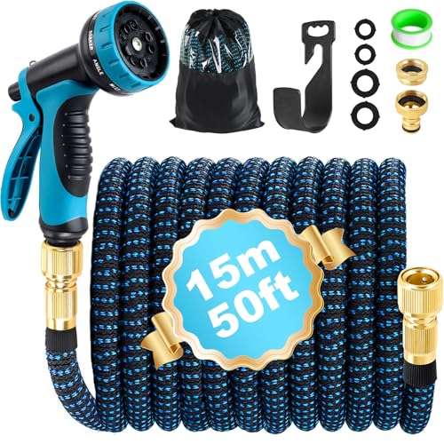 flexibler gartenschlauch 15m mit 10 funktionen und 1/2" 3/4" adapter für gartenbewässerung