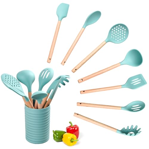 Küchenhelfer Set 8-teilig Silikon Kochutensilien, hitzebeständig mit Halter - Justup, grün