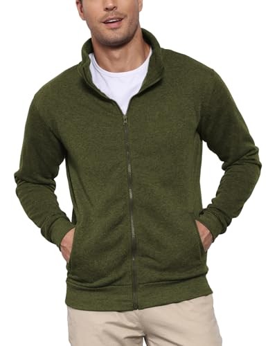Herren Zip Sweatshirt Polar Jacke Langarm Stehkragen Taschen Grün M