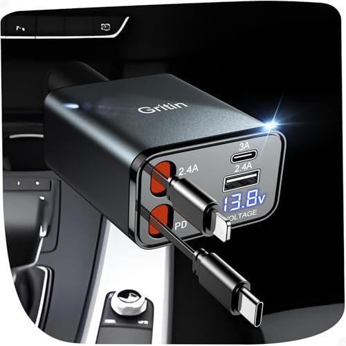 gritin zigarettenanzünder usb c 69w auto ladegerät mit spannungsanzeige, dual kabel