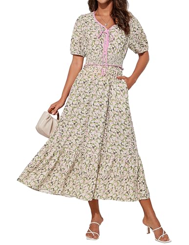 Damen Midi Blumenkleid V-Ausschnitt Kurzarm A-Linie Blumen Grün-Rosa L