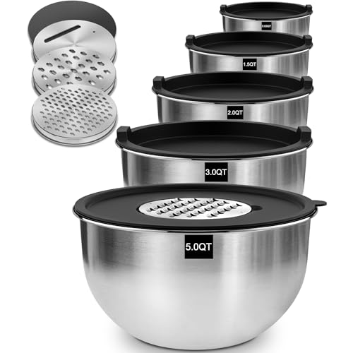 terlulu rührschüssel set 5-teilig edelstahl mit deckel, 4,7l bis 0,6l, spülmaschinenfest, stapelbar, inkl. reibe