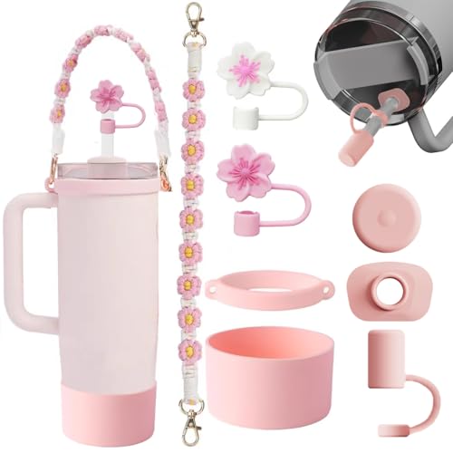 tcnzdy 8 teiliges zubehörset sakura-pink mit handgriff, schnur, trinkhalmhaube, stopfen