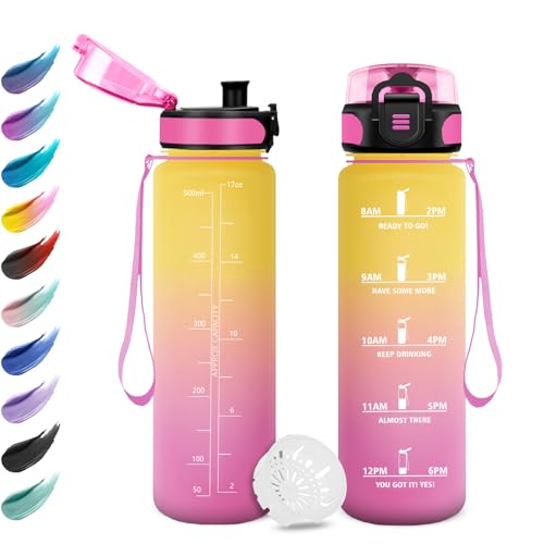 wasserflasche 500ml mit filter, auslaufsicher, zeitmarkierungen, sportlich, kohlensäure geeignet