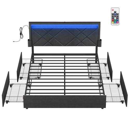 vasagle metallbettgestell 140 x 200 cm mit led und schubladen schiefergrau