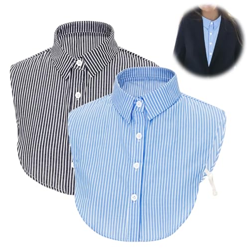 yzmrBdqc abnehmbarer kragen damen, halber kragen für blusen, blauer streifen, vintage design
