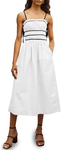 sommerkleid damen maxikleid spaghettiträger gerafftes strandkleid mit taschen, imily bela, weiß, m
