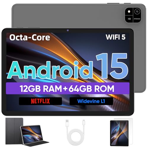 jikocxn tablet android 15, 10.1 zoll, 12GB RAM, 64GB ROM, 6000mAh, wlan 5, gps, grau