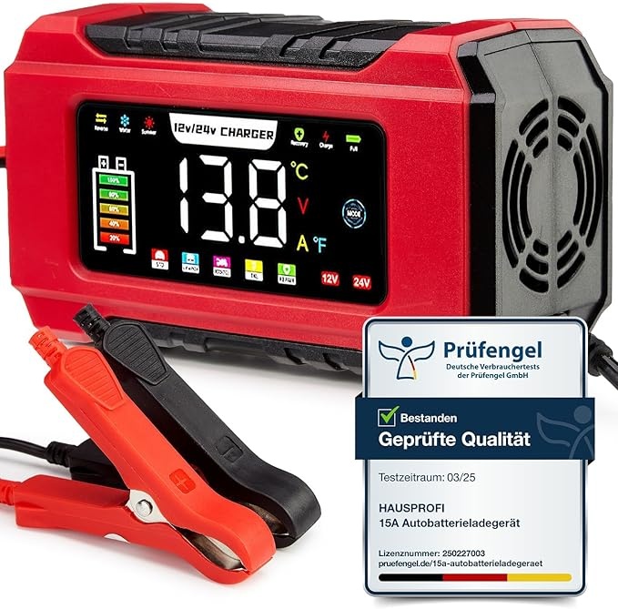 HAUSPROFI 15A Autobatterieladegerät 12V/24V, Reparaturmodus, Erhaltungsladung, LCD