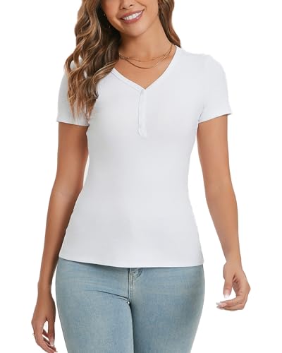 dosieyeo dameshirt kurzarm v-ausschnitt gerippt mit knöpfen basic stretch weiß, m