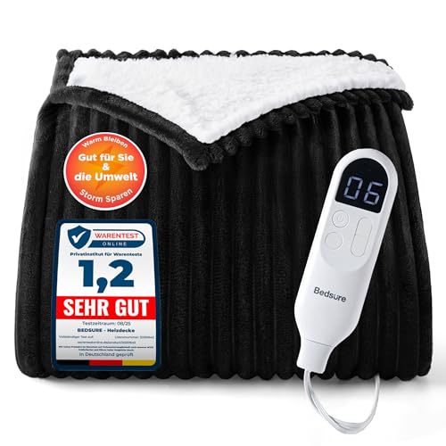 BEDSURE Heizdecke 130x180cm - Elektrische Wärmedecke, 6 Heizstufen, Timer, Schwarz