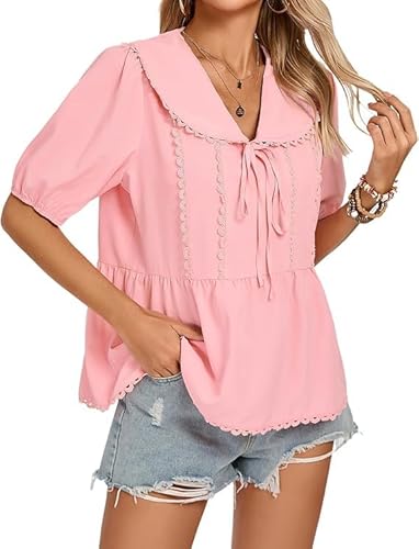 kate kasin damen pullover shirt mit peter pan kragen, v-ausschnitt, rosa, große l