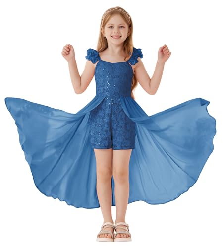 Produktbild: grace karin kinder jumpsuit mädchen einteiler chiffon-overlay kurzarm dunkelblau 7-8 jahre
