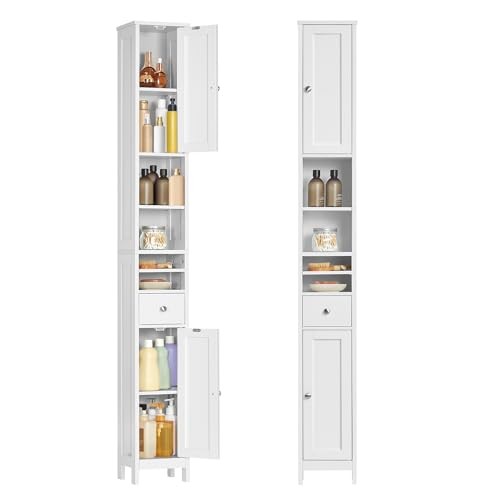 VASAGLE Badezimmerschrank, schmal, mit verstellbaren Ablagen, wolkenweiß, BBC765W01