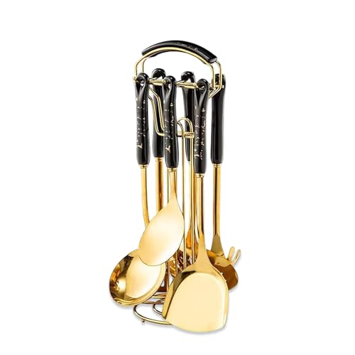 stahl küchenutensilien set 7-teilig mit halter, antihaft kochlöffel schwarz, justup