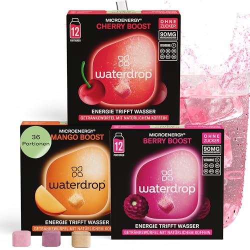 Produktbild: waterdrop microenergy set, zuckerfreies energy drink pulver, 36 würfel, mango, kirsche, brombeere, 90 mg koffein