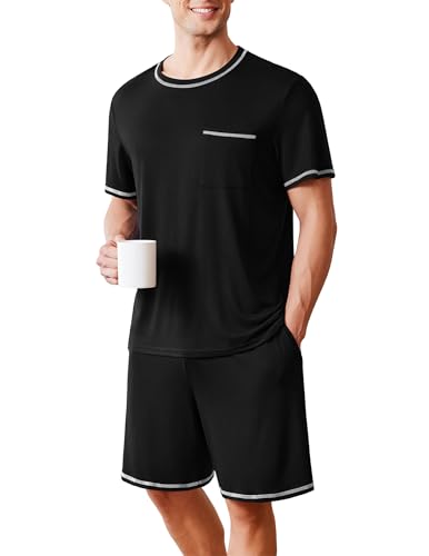 ekouaer schlafanzug herren kurzarm pyjama mit taschen sommer schwarz M