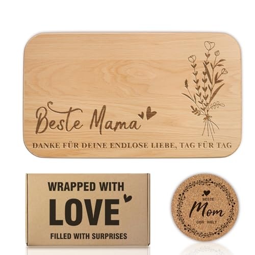 muttertagsgeschenk personalisiert graviertes holz frühstücksbrett mit untersetzer