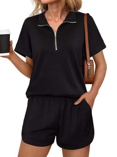 Produktbild: terecey damen trainingsanzug kurzarm v-ausschnitt sportanzug mit taschen s-xxl