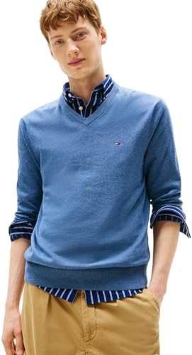 Tommy Hilfiger Herren Pullover V-Ausschnitt Cotton Blau Petrol Blue Heather M