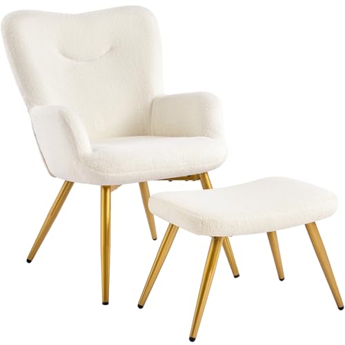 Produktbild: Yaheetech ohrensessel mit hocker aus boucle-gewebe, relaxsessel für wohnzimmer, elfenbein
