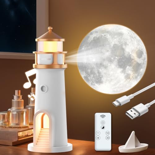leuchtturm lampe mit bluetooth, mondprojektion und led licht für schlafzimmer, wohnzimmer