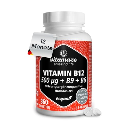 Vitamin B12 500 mcg hochdosiert, 360 Tabletten mit Folsäure & Vitamin B6, Made in Germany