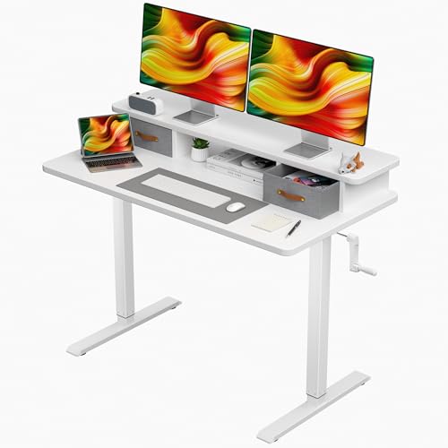 flycity höhenverstellbarer schreibtisch manuell 110 x 60 cm mit doppelschublade weiß