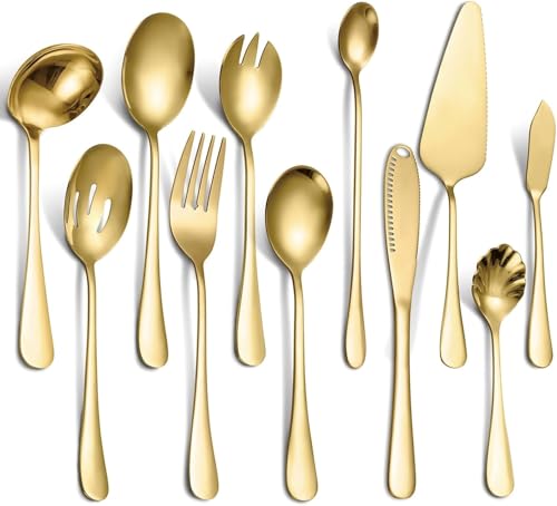 edelstahl servierbesteck 11-teilig mit tortenheber, servierlöffel, buttermesser - gold