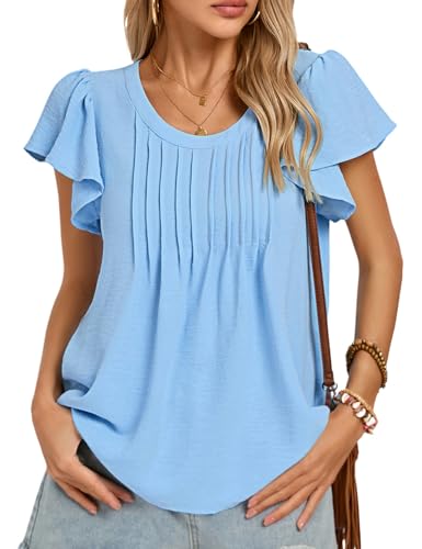 kate kasin damen top plissiert schlüsselloch hellblau casual look größe L