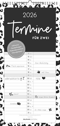 Alpha Edition Termine für 2 Black and White Kalender 2026  22x45 cm Familienplaner