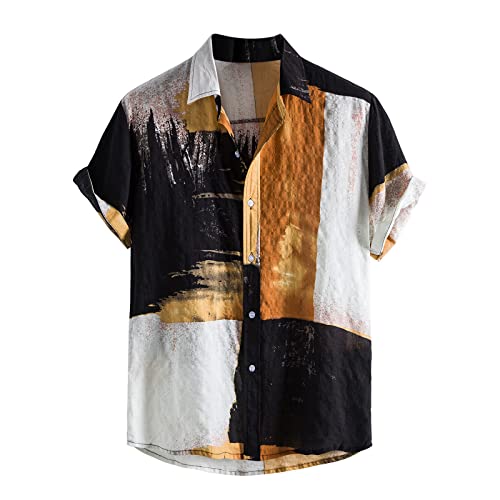 Leinenhemd Herren Kurzarm Baumwolle Sommer Hawaii Stehkragen 3XL Gelb