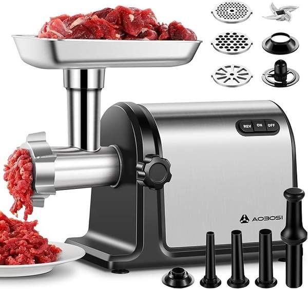 AOBOSI Fleischwolf elektrisch 3-in-1 mit Edelstahl-Schleifplatten und Wurstfüllrohren